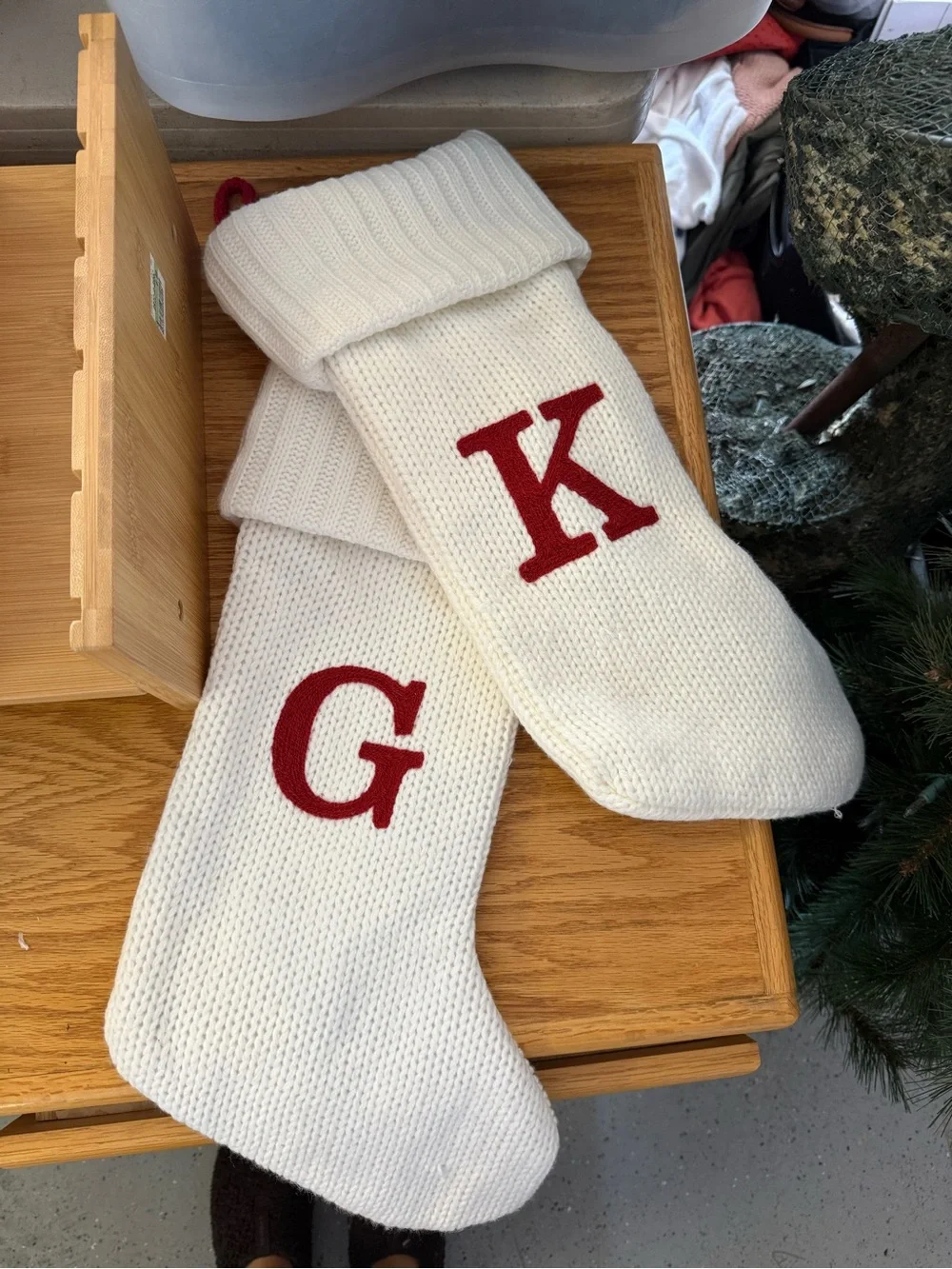 Target Cream Knit Christmas Stockings with Red Letter Monogram (G, K)